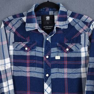G-Star Raw Tacoma Western Pearl Snap Shirt‎ Mens Small Blue Plaid Long Sleeve